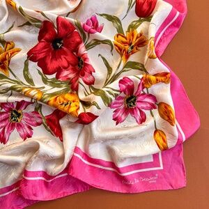 Vintage 1980s Ivory Silk Jacquard Scarf With Pink Tulips